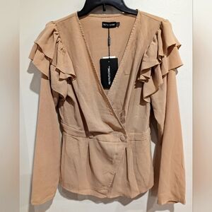 Pretty Little Thing Camel Ruffle Shoulder With Peplum Hem Blouse Size 8